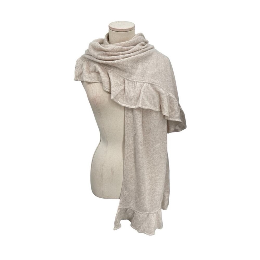 Precious Fibers Cashmere Scarf Wrap Ruffle Trim Beige Cream NWT